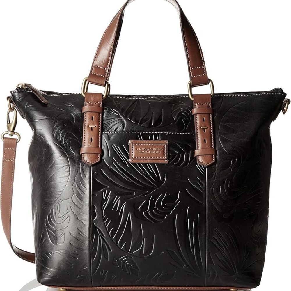 Tignanello Black Leather Brown Palm Leaf Embossed Hobo Purse Tote New No Tags